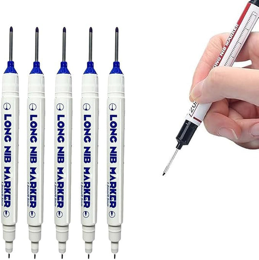 5PCS Long Head Deep Hole Marker Pens, 20mm Deep Reach Long Nose Markers, 45mm Permanent Markers Carpenter Ink Marker Pens, Waterproof Construction Markers Marking Tool, Metal Marking Pen (Blue A)