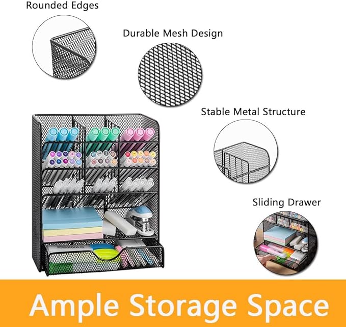 Spacrea Metal Pen Organizer, Pencil Holder for Desk, Desk Organizer with Drawer for School, Home, Art Supplies (Black)