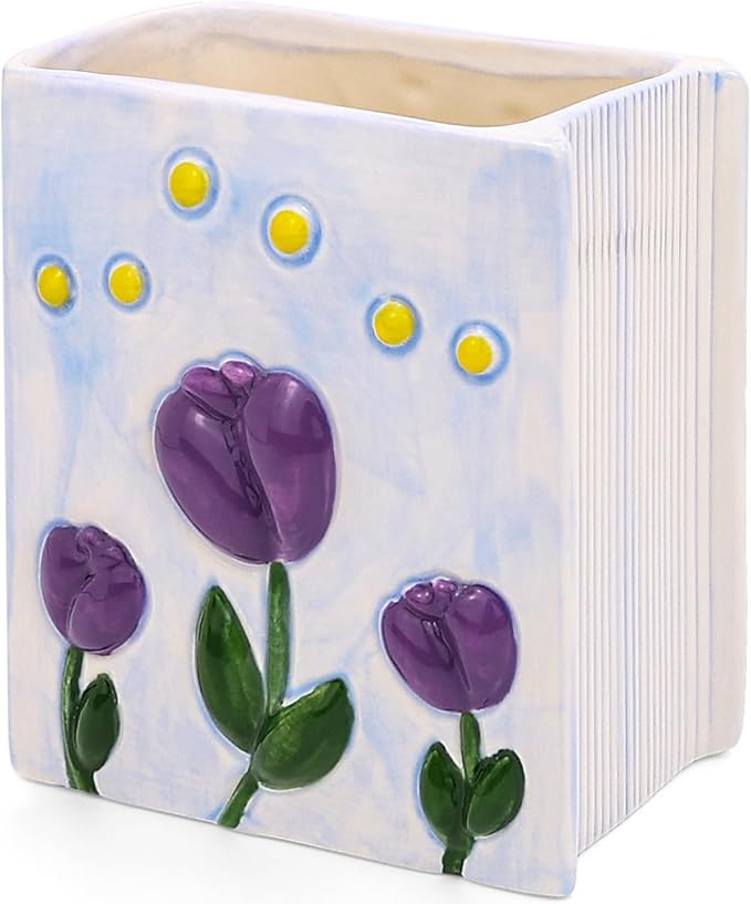 Book Vase Tulip Pencil Cup Pen Holder For Office Desk Decorative Books Purple Flower Vase Cute Toothbrush Holders Home Decor Teacher Book Gifts for Women Small Makeup Brushes Holder