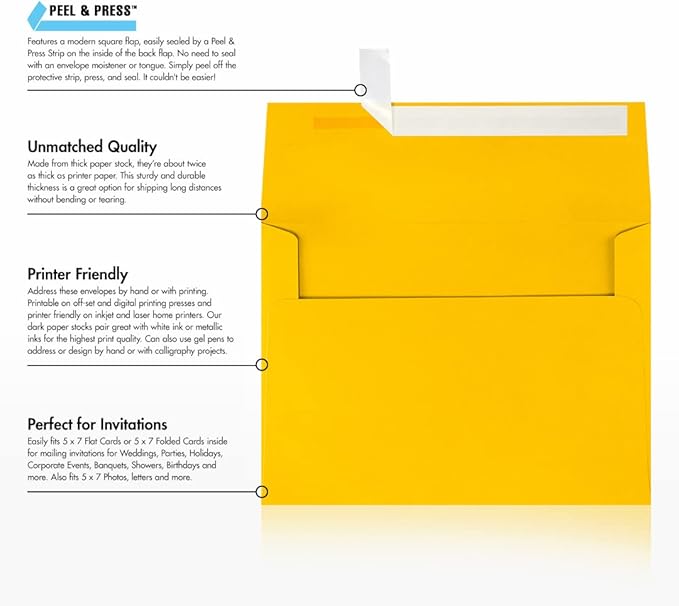 LUXPaper A7 Invitation Envelopes | Peel & Press | 5 1/4" x 7 1/4" | Sunflower Yellow | 80lb. Text | 50 Qty