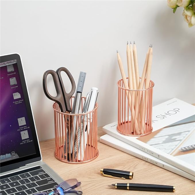 2 Pack Metal Pen Holder for Desk, Makeup Brushes Cup Holder, Pencil Holders, Pen cup, Home and Office Organizer, Rose gold