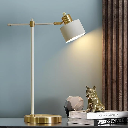 OYEARS Modern Industrial Desk Lamp for Reading LED 22.2“ Metal Table Lamp Light for Office Bedroom Study Room Living Room Nightstand Bedside Lamps Gold and Matte Cream Accent (Cream, Bulb Included)