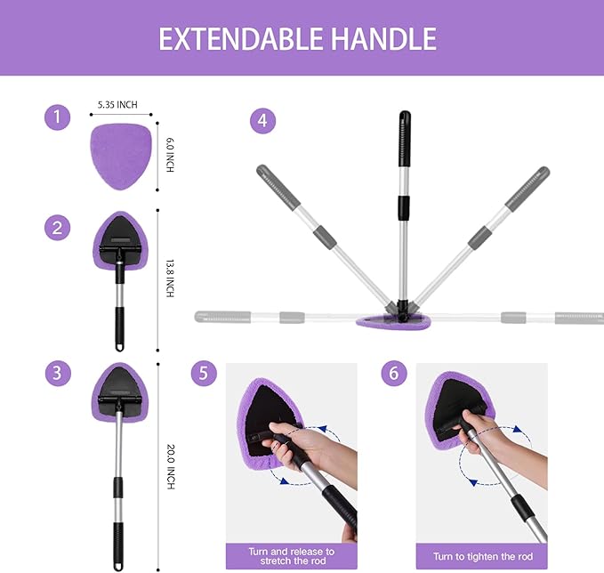 Qydipclin 11pcs Windshield Cleaner Tool, Car Window Cleaning Wash Kit with 6 Reusable Microfiber Pads 2 Spray Bottles and Extendable Handles Auto Glass Wiper Kit, Purple