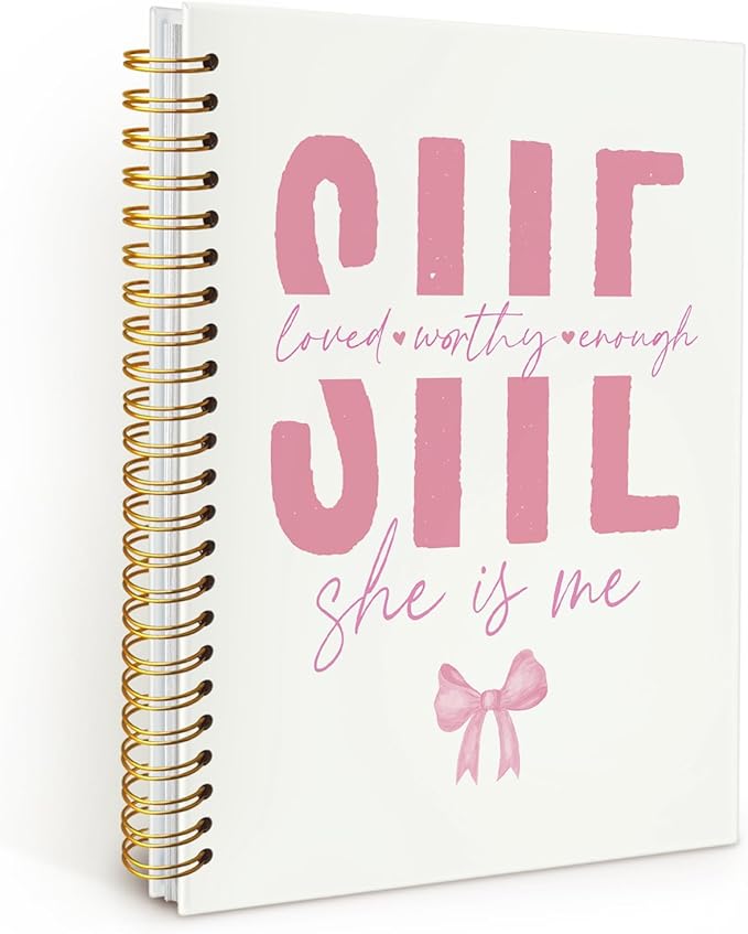 Coquette Pink Bow Christian Spiral Notebook, Bible Journaling Notebook, Religious Prayer Journal for Woman, Church Notes Journal, She Loved Worthy Enough Hardcover Notebooks 5.5x8.3