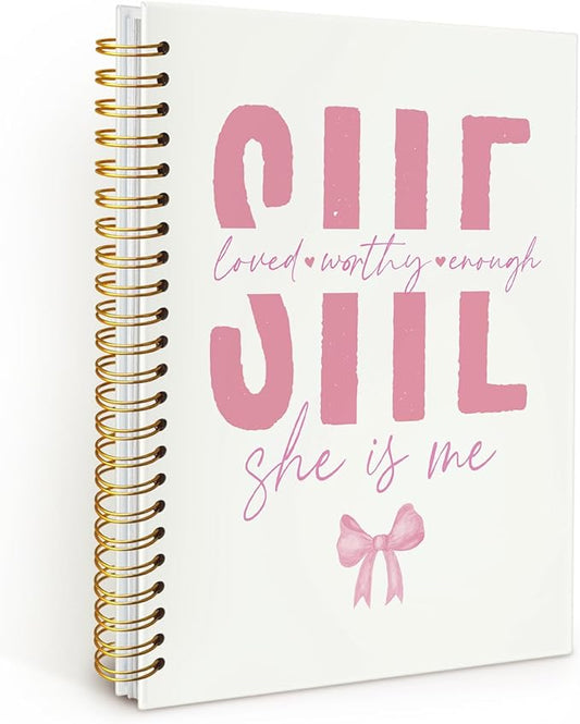 Coquette Pink Bow Christian Spiral Notebook, Bible Journaling Notebook, Religious Prayer Journal for Woman, Church Notes Journal, She Loved Worthy Enough Hardcover Notebooks 5.5x8.3