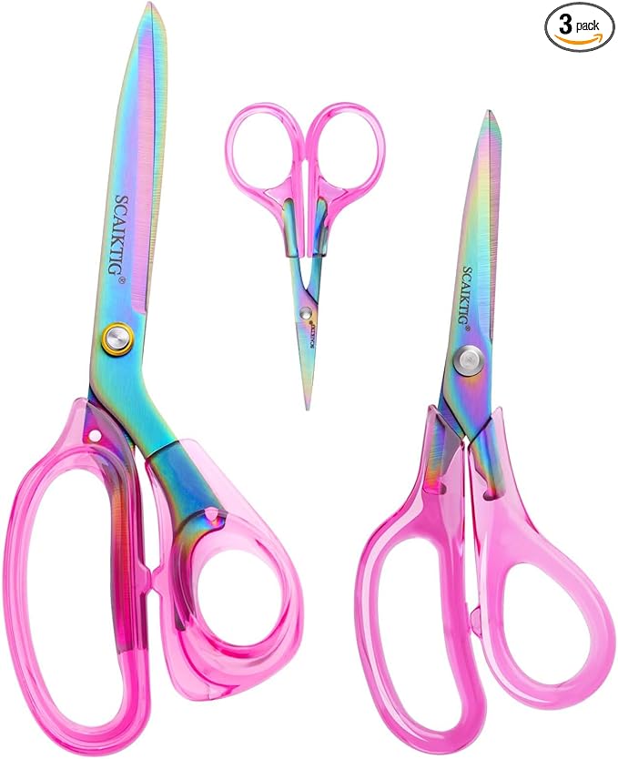 Acrylic Scissors Set, Office Scissors for Desk Heavy Duty, Pink Clear Comfort-Grip Handles and Titanium Coated Blades, Sharp Scissors all Purpose for Sewing, Art, Craft, School, Home Supplies