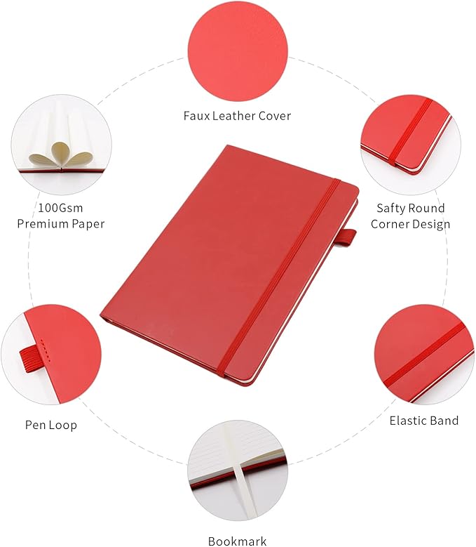 Deziliao Lined Journal Notebooks with Pen Loop, Hardcover Notebook Journal for Work, 100Gsm Premium Thick Paper with Inner Pocket, Medium 5.7''''x8.4'''', ?bright Red, Ruled, 1 Pack