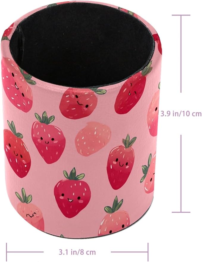 Leather Pen Holder for Desk Strawberry Cute Print Pencil Cup Desktop Organizer Makeup Brush Holders Office Supplies for Home, Kids & School