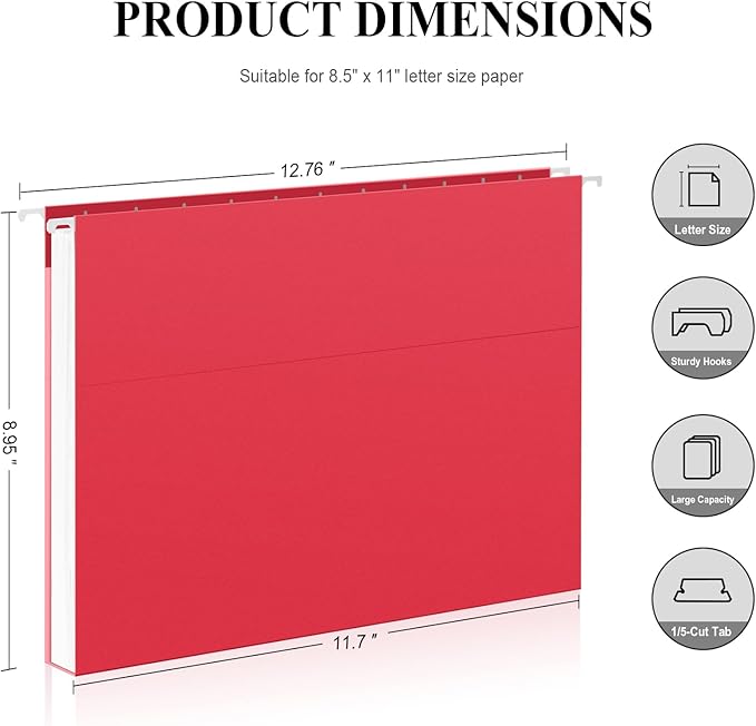 ViVin 20 Pack Letter Size Hanging File Folders with 20 Per Box, 1/5-Cut Adjustable Tabs, Hanging Folders Designed for Office Bulky Files, Filing Cabinets(Multicolored)