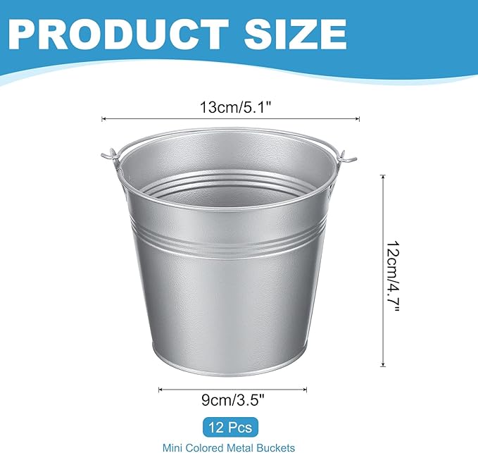 PATIKIL 5.1"x4.7" Small Metal Buckets with Handle, 12 Pcs Mini Galvanized Bucket Colorful Easter Buckets for Crafts Party Favors Decoration, Silver