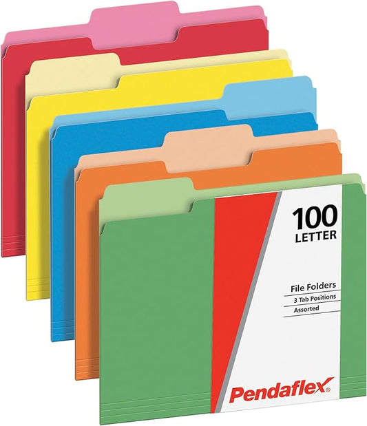 Pendaflex File Folders, Two-Tone Assorted Colors, Letter Size, 1/3 Cut Tabs, Office Organization, Box of 100 Folders (1006535)