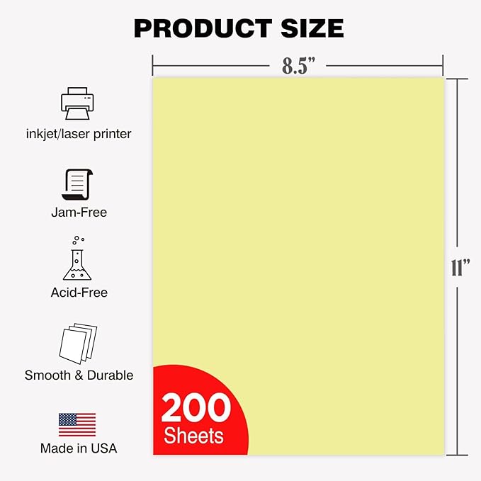 Veritas Colored Copy Paper,Multi-Purpose paper,Colored Printer Paper 8.5” x 11”, 20 lb / 75 GSM, Canary 200 Sheets (1 Reams)，Made in USA