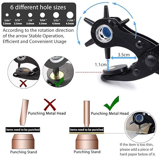 Belt Hole Puncher with 240 Sets of Leather Rivets - Updated Hole Sizes Puncher for Belt, Watch Band, Strap, Dog Collar, Saddle, Shoes, Fabric, DIY Home or Craft Project