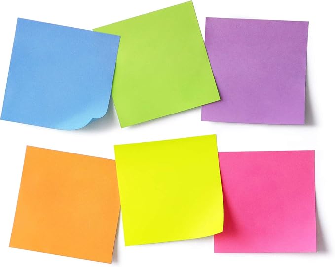Sticky Notes 3x3 Self-Stick Notes Pads with 6 Bright Colors, Easy to Post for Office, School, Home, 6 Pads/Pack, 100 Sheets/Pad(Standard)