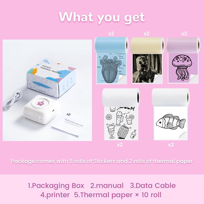 vretti Sticker Printer - TP2-Y Mini Portable Thermal Printer with 10 Rolls Thermal Paper, Inkless Sticker Machine Bluetooth Pocket Printer for iPhone, Study Notes, Pictures, Journal, DIY, Kids Gift