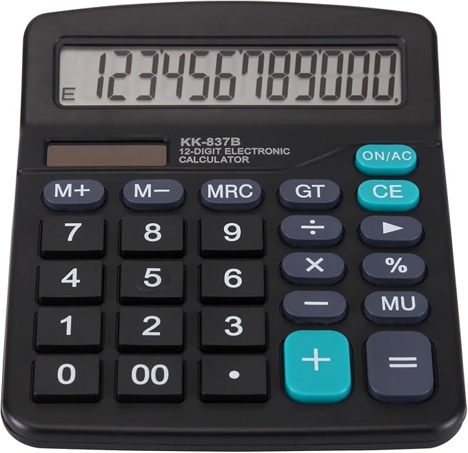 Desk Calculator 12 Digit Office Calculators with Large Screen Display, Dual Solar Power and Battery, Recessed Big Button Calculator for Office Home School (Black)
