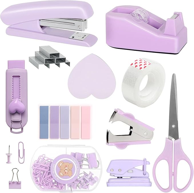 11pcs Desk Supplies Office Accessories for Women Clerks, Desk Accessories Colleagues, Purple Office Supplies with Stapler, Tape Holder, Scissors, Ruler, Staple Remover, Clips Set for School & Home