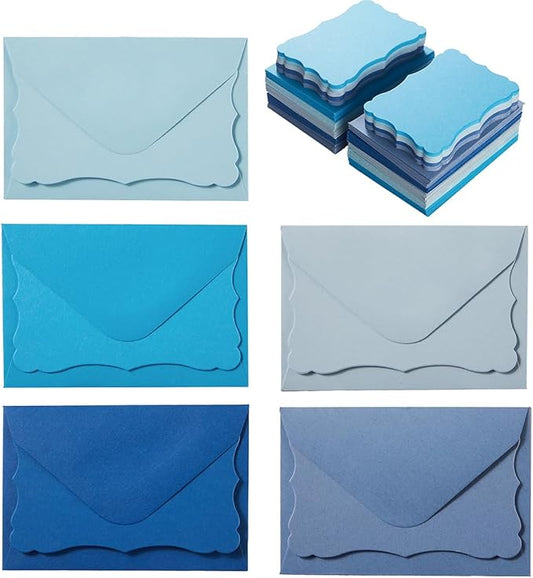 100 Pack Mini Envelopes with Note Cards in 5 Colors for Wedding, Birthday, Baby Showers, 4 x 2.7 Inches (Blue)