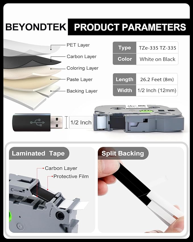 Tze-335 TZe335 Black Label Maker Tape Compatible with Brother P Touch Label Tape TZ TZe 12mm 0.47 Laminated with P Touch PT-H110 PT-D210 PT-D400 PT-D600,White on Black 4-Pack