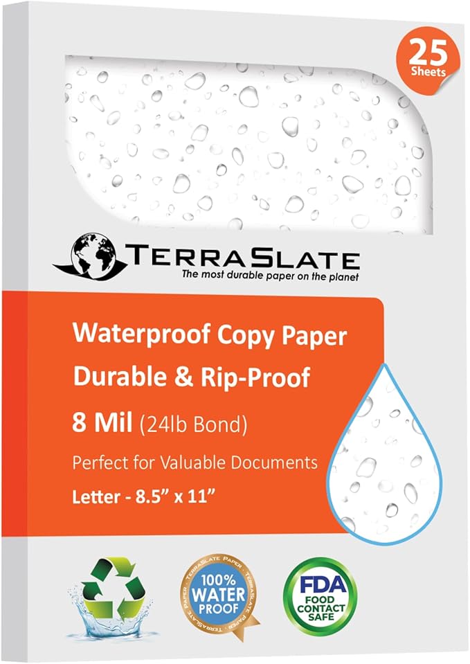 TerraSlate Premium Waterproof Printer Paper, 8 MIL 8.5 x 11 Inches, Durable & Heavy-duty paper (25 Sheets)
