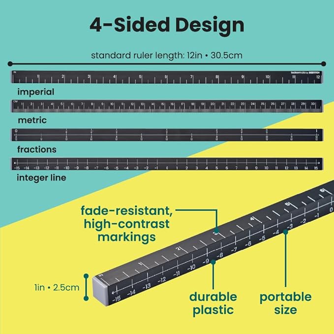 MeasureMate Learning Ruler, Four-Sided Math Tool for Students, Teaching Number Lines, Fraction Line, with Metric and Imperial, Black, 2-Pack