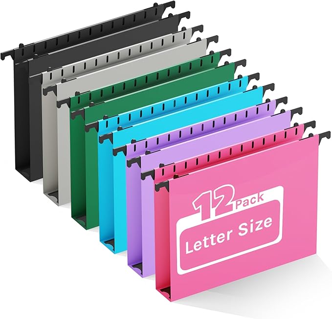 Ansook Extra Capacity Plastic Hanging File Folders,12 Pack Reinforced Letter Size Hanging Folder,Heavy Duty 1 Inch Expansion, Filing Cabinet Folders,for Bulk Files, Medical Charts,Assorted Colors