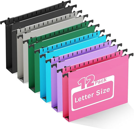 Ansook Extra Capacity Plastic Hanging File Folders,12 Pack Reinforced Letter Size Hanging Folder,Heavy Duty 1 Inch Expansion, Filing Cabinet Folders,for Bulk Files, Medical Charts,Assorted Colors