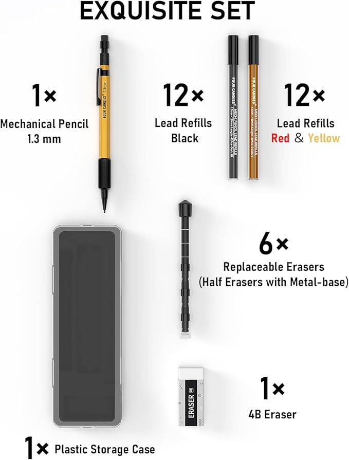 Four Candies 1.3mm Mechanical Pencil Set with 24 Lead Refills, Metal Weatherproof Heavy Duty Outdoor Carpenter Pencil, Eraser, 6 Eraser Refills for Architect Drafting Woodworking Marking with Case