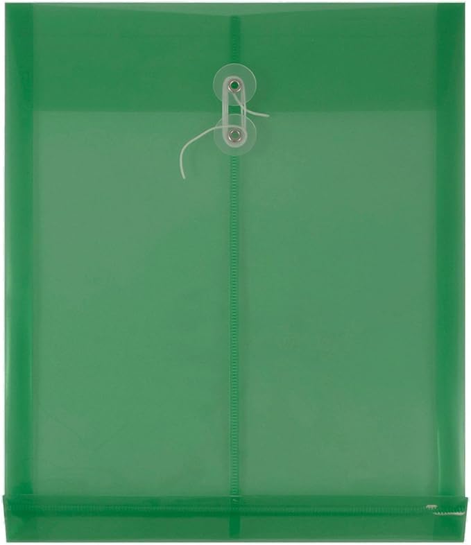 JAM PAPER Plastic Envelopes with Button & String Tie Closure - Letter Open End - 9 3/4 x 11 3/4 - Green - 12/Pack