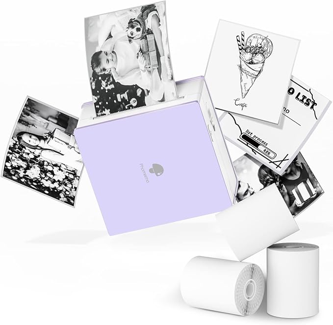 Phomemo Sticker Printer- Mini Thermal Sticker Printer Machine, Small Pocket Label Maker Instant Print for DIY Creation, Study Notes, Photos, Portable Inkless Photo Maker for Kids/Students, Purple