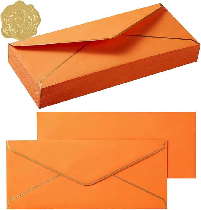 100 Pack #10 Business Envelopes with Gold Border, Self Seal Standard Envelopes with Gold Stickers for Office, Checks, Letter Mailing, Invoices, 4 1/8 x 9 1/2 Inches (Dark Orange)