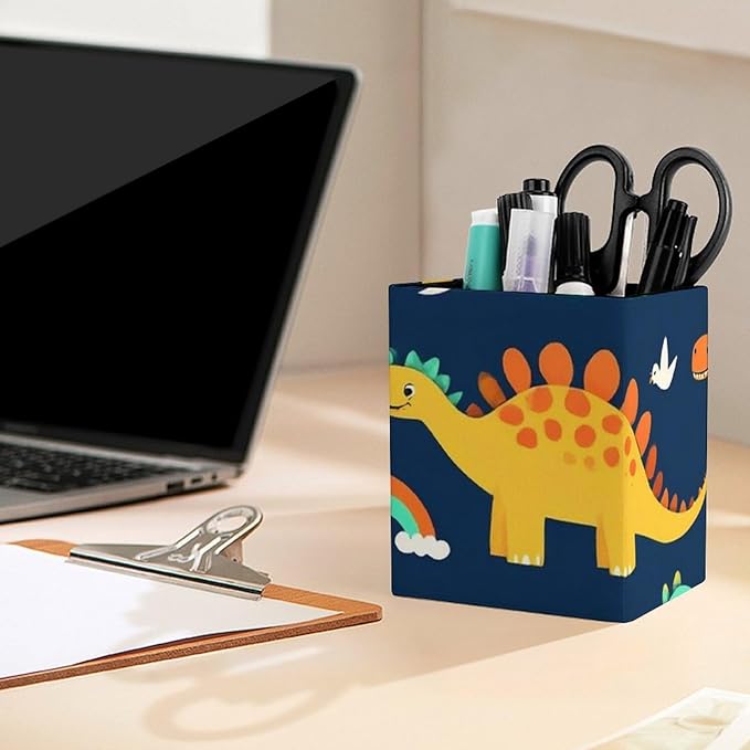 Pen Holder Square Leather Pencil, Holder Cup Makeup Brush Storage Organizer, Waterproof Multifunctional Office Supplies Dinosaur