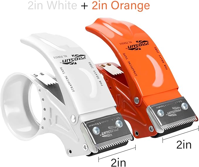 PROSUN 2 Pack Metal Packing Tape Dispenser Gun: 2-inch Wide Tape dispensers/3-Inch Inner Paper Core(2" Orange+2" White)