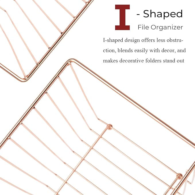 Y YOMA 1 Pack Rose Gold Desktop Hanging File Organizer | 12 Pack Rose Gold Hanging File Folders with Tabs & Insert | Letter Size Metal File Kit for Desk Home Office, I Shaped