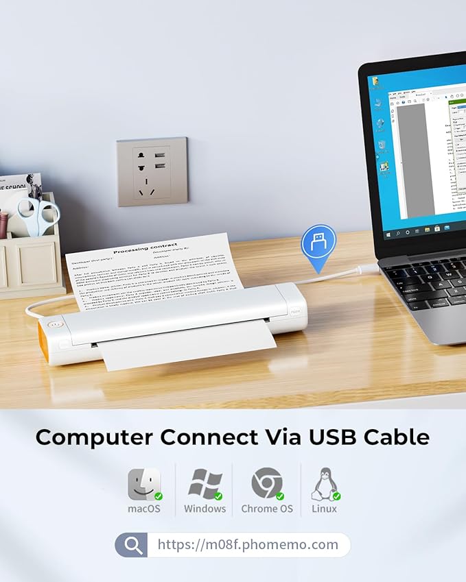 Phomemo Inkless Portable Printer for Travel - Wireless Thermal Printer Compatible with Phone & Laptop, Bluetooth Printers Supports 8.5" X 11" Letter Thermal Paper, Come with Carry Case
