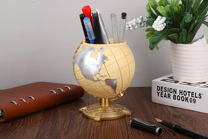 Globe Pen Holder Desk Decor Organizer Cute Cool Fun Vintage Pencil Cups Gifts for Teacher Kids Men Desk Accessories for Office Home School (Light Yellow)