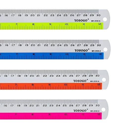 12 Inch / 30 cm Assorted Color Aluminum Ruler in Inch and CM Scale with Hanging Hole | Pack of 6