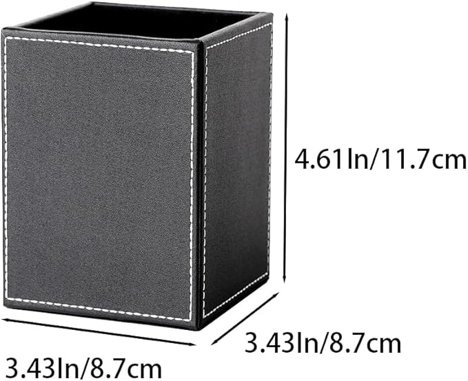 Square Pen Pencil Holder, PU Leather Pencil Cup, Desktop Stationery Organizer, Stand Desk Organizer, Office Accessories Container (Black)