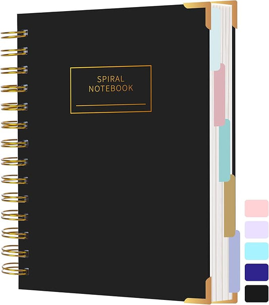 Hardcover Spiral Notebook with Tabs 6.1"x8.3" Small Spiral Lined Journals for Women Men with Dividers 200 Pages College Ruled Composition Notebook 5 Subject Notebook for Work School Gifts, Black