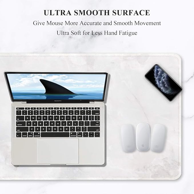 Auhoahsil Large Mouse Pad, Full Desk XXL Extended Gaming Mouse Pad 35" X 15", Waterproof Desk Mat w/Stitched Edges, Non-Slip Laptop Computer Keyboard Mousepad for Office and Home, White Marble Design