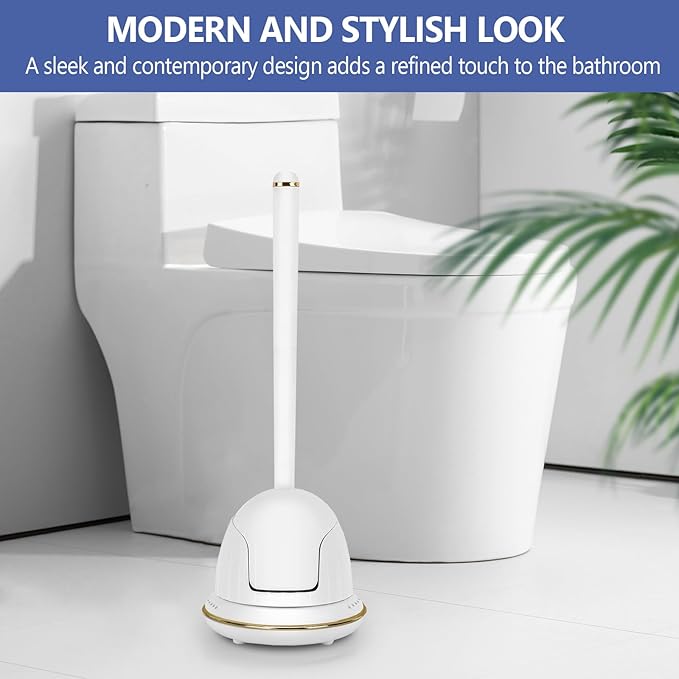 Gold and White Toilet Brush Set with Ergonomic Solid Long Handle, Auto-Opening Base, and Ventilated Base - Great for Bathroom and Toilet Cleaning, White and Gold Bathroom Accessories