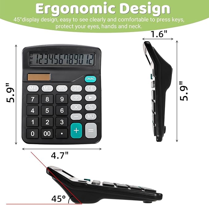 8 Pack Desktop Calculator 12 Digit, Solar Battery Basic Calculators, Dual Power Electronic Calculators with Large LCD Display, Sensitive Button Handheld Calculator for Office Home School, Black
