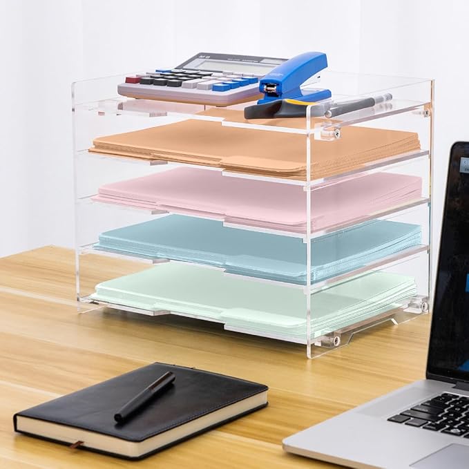File Paper Organizer Letter Tray For Desk Office Supplies Folder Accessories Storage, Clear Acrylic, For Home School Desktop Organization