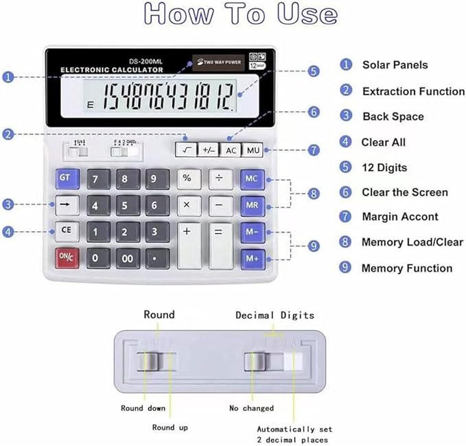 Desk Calculator Large 12 Digit Display, Dual Power Basic Calculator Desktop, Big Button for Office, Business, Home and School (Grey).