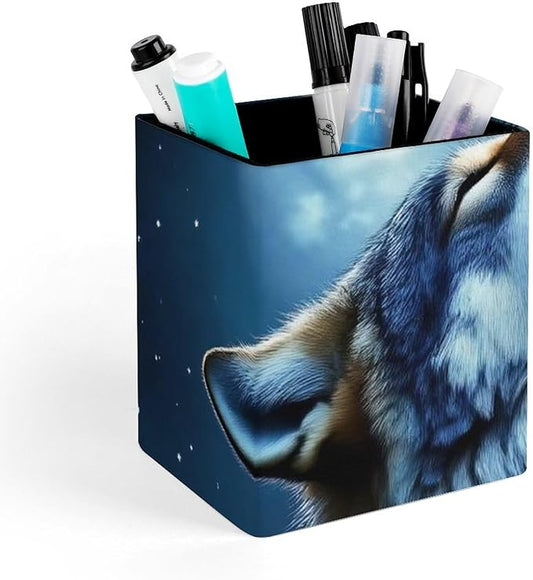 Holder Cup Makeup Brush Storage Organizer, Waterproof Multifunctional Office Supplies, Pen Holder Square Leather Pencil Full Moon Wolf