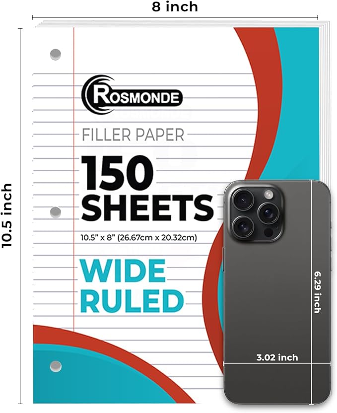 Rosmonde 576 Pack (Pallet) Loose Leaf Paper Bulk, 86400 Sheets, Wide Ruled, Pallet of Filler Paper, 150 Sheets/Pack, 8 x 10.5", 56 Gsm Thick Sheets, 3 Hole Punched, School & Office, 4-7 Days Transit