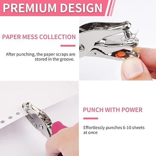 Single Hole Punch, 2 Pcs Hand Hole Puncher with Soft Grip Handle, 1/4" and 1/8" Small Hole Paper Punch for Crafts, Scrapbooks, 6 Sheets Capacity, Tags, Tickets - Rose red