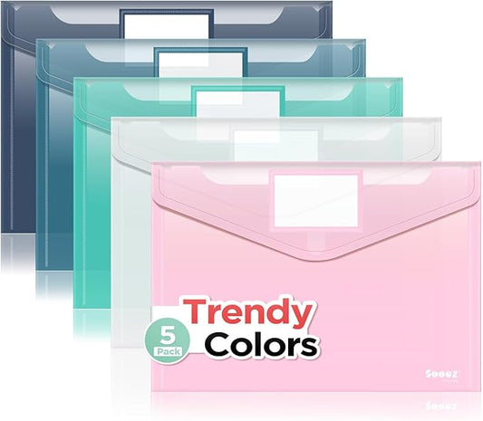 Sooez 5 Pack Plastic Envelopes, Plastic File Folders, Clear Folders for Documents Trendy Colors, Super Heavyweight Document Holders, Storage Pouches, File Envelopes for School Office Supplies