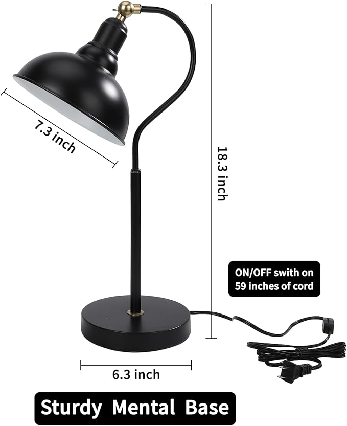 Black Desk Lamp with 59” Plug in Cord On/Off Switch, Adjustable Table Lamp for Bedroom, Coffee, Dorm Lighting Decor (E14 Bulbs not Included)