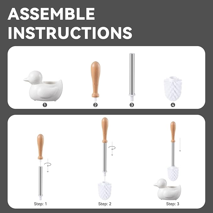 Modern Toilet Brush Set and Holder - Toilet Bowl Brush Ceramic Bathroom Accessories Set Decor, Cleaner Brush Kit with Detachable Brush Head & Natural Wood Handle (Ivory White)
